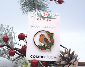 The Enchanted Robin - high quality gold plated hard enamel pin with Holly and berries - Lapel - Pin - Brooch