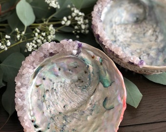 Rose quartz and amethyst encrusted abalone shell 6”