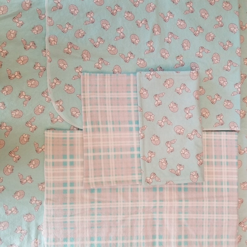 Fox /& Plaid Baby Blanket Set with burp cloth