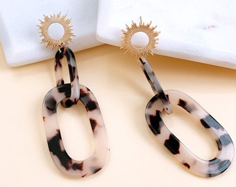 Tortoise Acrylic Dangle Earrings: Gold Sunburst Statement Earrings