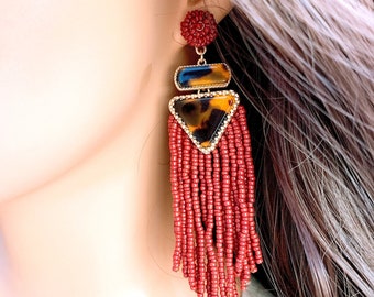 Hand Beaded Burgundy Tassel Earrings: Boho Statement Jewelry