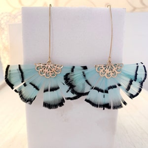 Gold Feather Earrings, Mint Feather dangle Earrings, Oriental Gold Feather Hoop Earrings, Statement Earrings Hero, Statement Jewelry