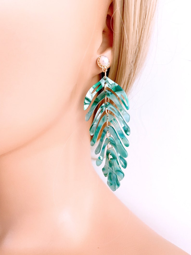 Tropical Leaf Earrings, Monstera Earrings, Palm Tree Statement Earrings, Lightweight, Bridesmaid Jewelry Gift for Her, Best gift for mom image 3