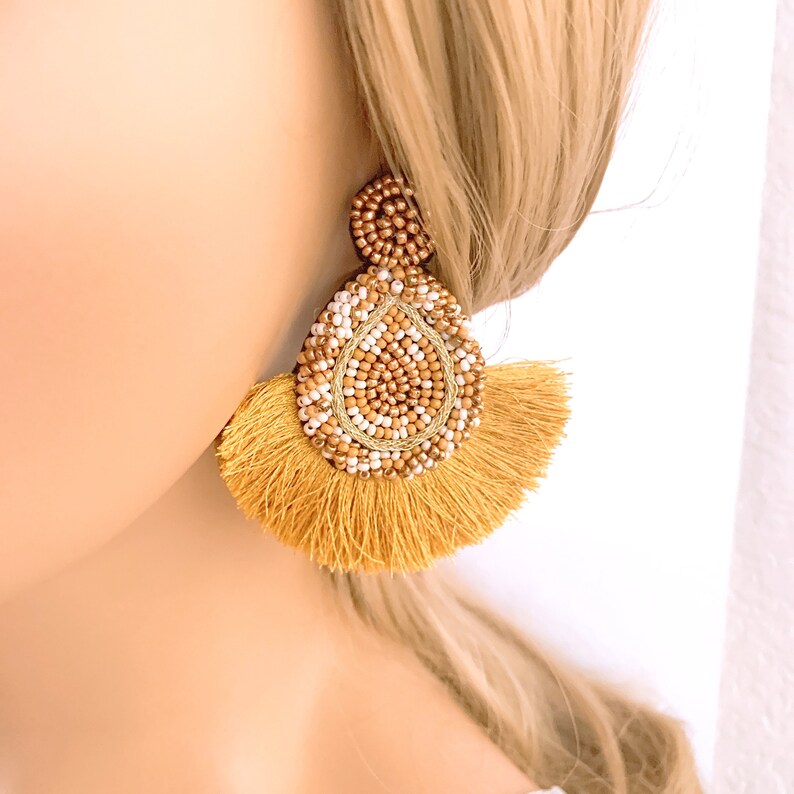 Seed Beaded Tassel earrings Yellow color Tassel Stud Etsy