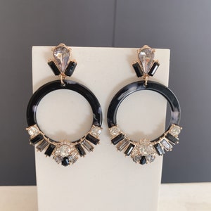 Party Cubic Drop Earrings, Round Statement Earrings, Lightweight Black Earrings, Geometric Tropical Jewelry,  Black Gold Statement Earrings