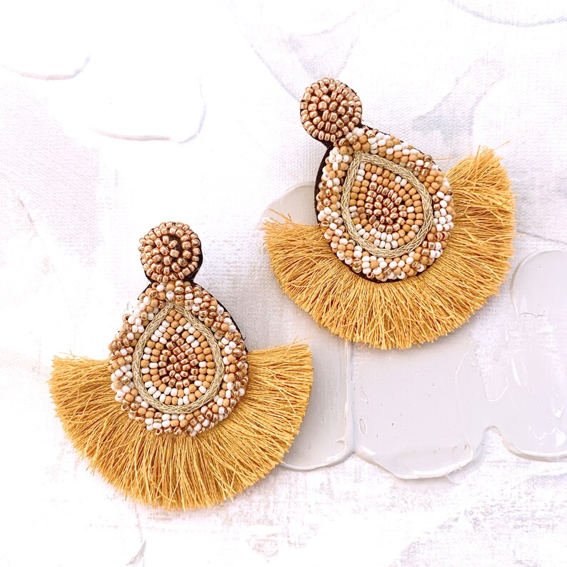 Seed Beaded Tassel earrings Yellow color Tassel Stud Etsy