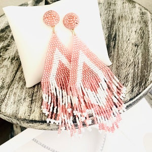 Vintage Beaded Pink Tassel Earrings, Beaded Jewelry, Bead Tassel Earrings, Seed Bead Earrings, Tassel LONG earrings, Geometric Earrings