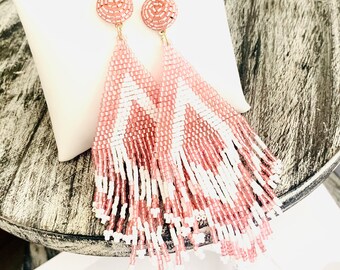 Vintage Beaded Pink Tassel Earrings, Beaded Jewelry, Bead Tassel Earrings, Seed Bead Earrings, Tassel LONG earrings, Geometric Earrings