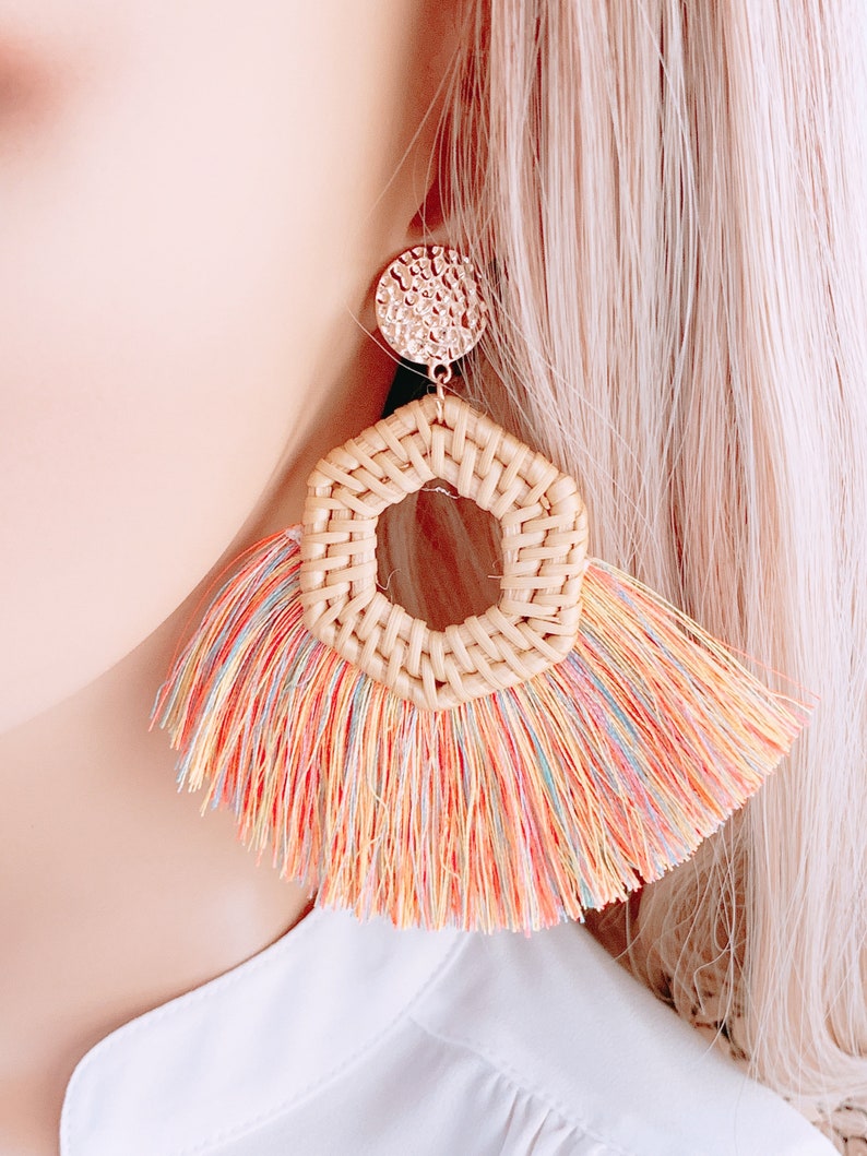 Woven Straw Earrings Spring Color Tassel Earrings Mixed Etsy