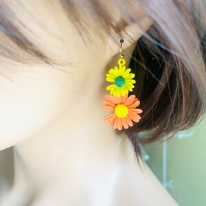Flower earrings, orange earrings, Yellow blossom Flower Earrings, Two Tone Double Flower Earrings, Floral earrings, Birthday gift for her