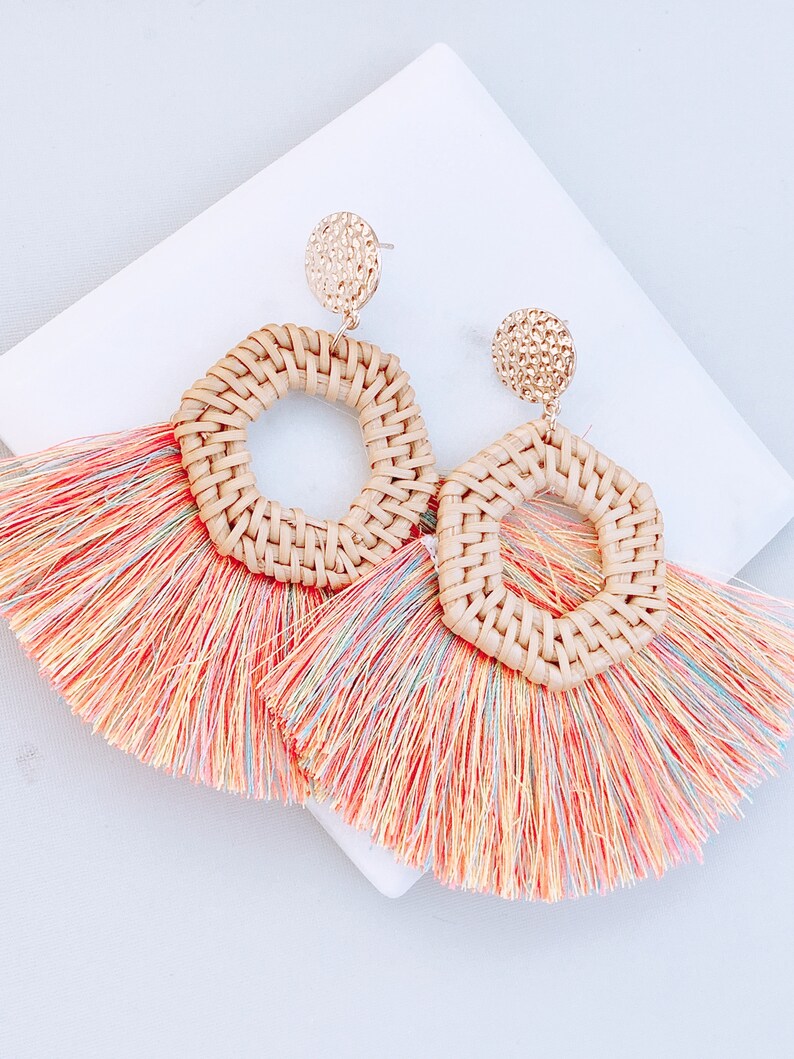 Woven Straw Earrings Spring Color Tassel Earrings Mixed Etsy