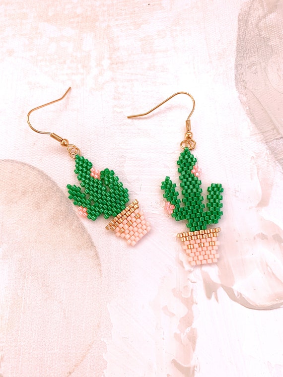 Pink Beaded Cactus Earrings Pink Beaded Cactus Earrings
