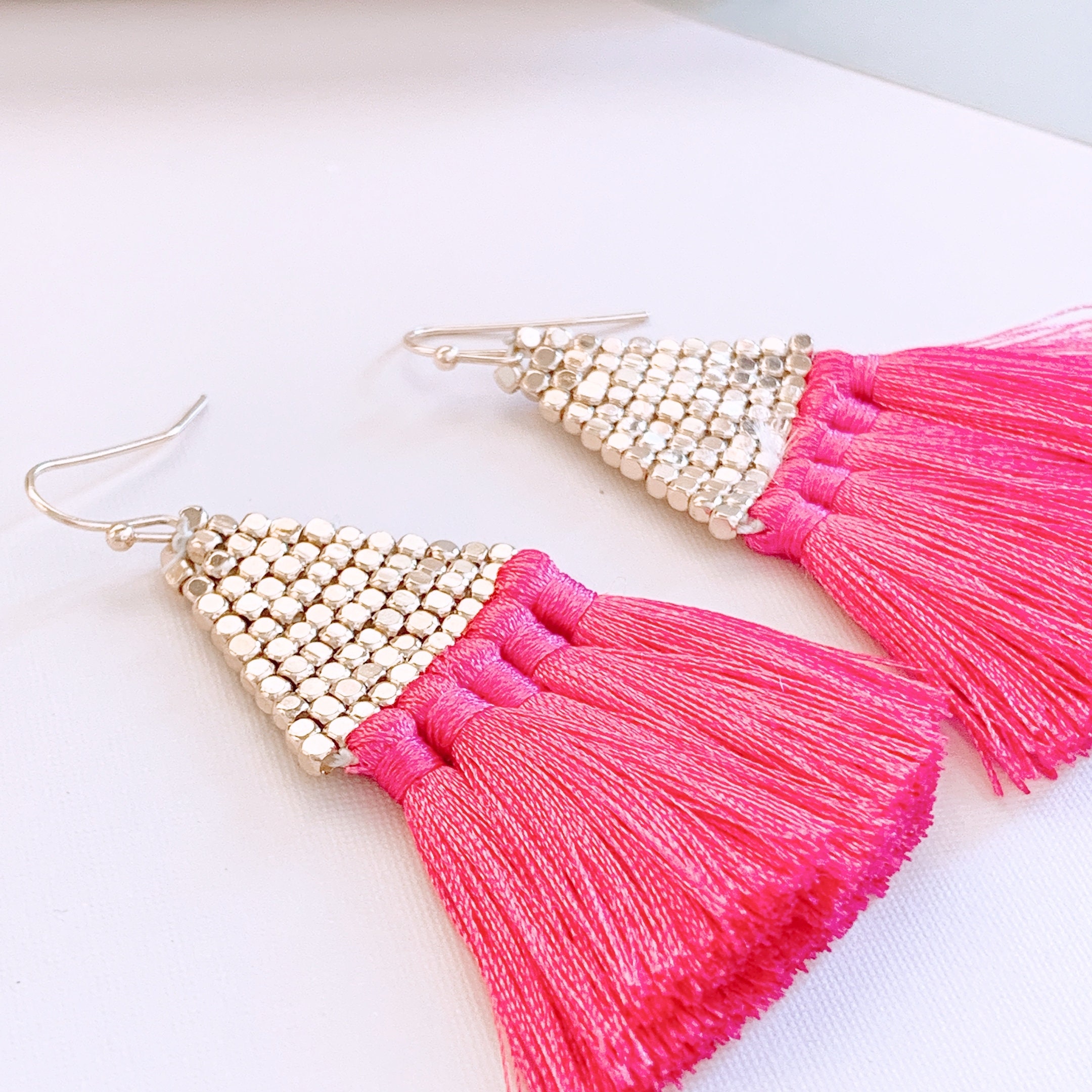 Gold Beaded Hot Pink Tassel Earrings Pink Tassel Gold Etsy