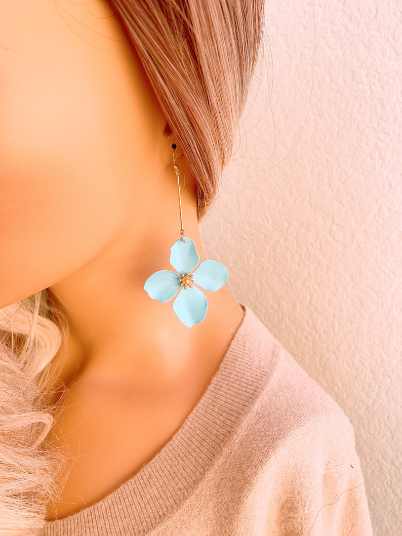 Flower Earrings Pink Flower Long Earrings Spring Earrings Etsy