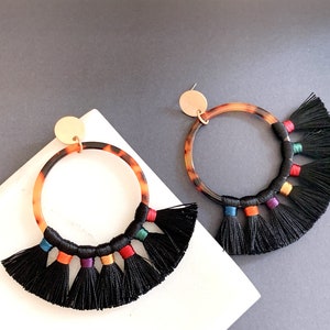 Fan Tassel earrings, Black Tortoise Open Circle Earrings, Statement earrings, Geometric Earrings, halloween earrings