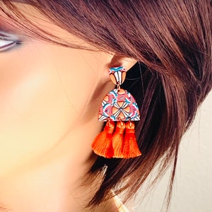 Boho Orange Tassel Earrings: Geometric Acrylic Statement Earrings