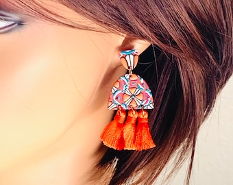 Boho Orange Tassel Earrings: Geometric Acrylic Statement Earrings