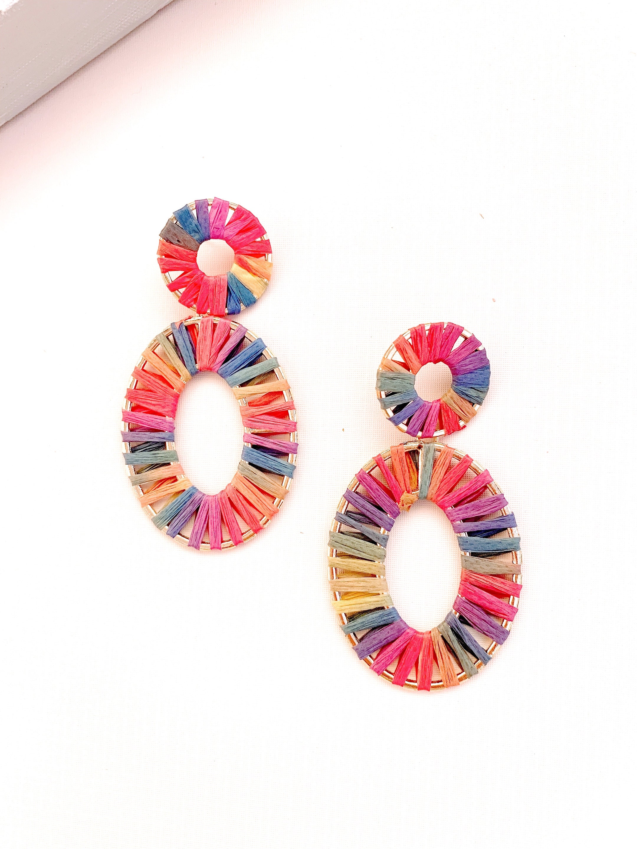 Raffia Earrings Ellipse Statement Earrings New Rainbow Ombre - Etsy
