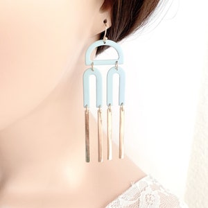 Geometric Earrings Semicircular U Earrings, Statement Earrings, Dangle Long earrings, Statement Jewelry, Blue Gray Dust Pink earrings