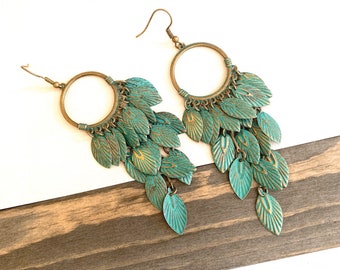 Vintage Green Color Multi Leaves Boucles d’oreilles longues, Boucles d’oreilles de déclaration, Boucles d’oreilles géométriques