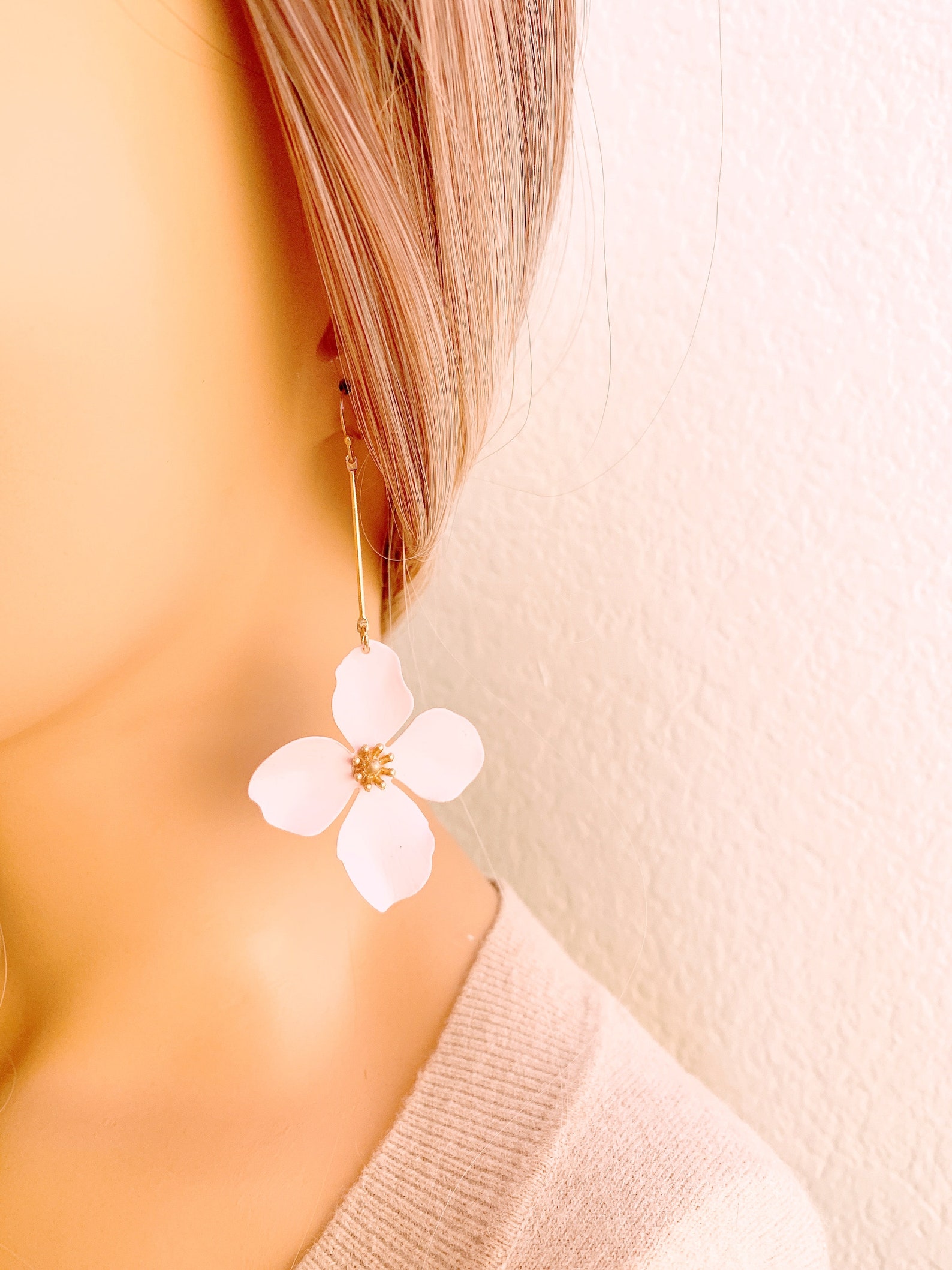 Flower Earrings, Pink Flower Long Earrings, Spring Earrings, Bridesmaid Earrings, Birthday Gift