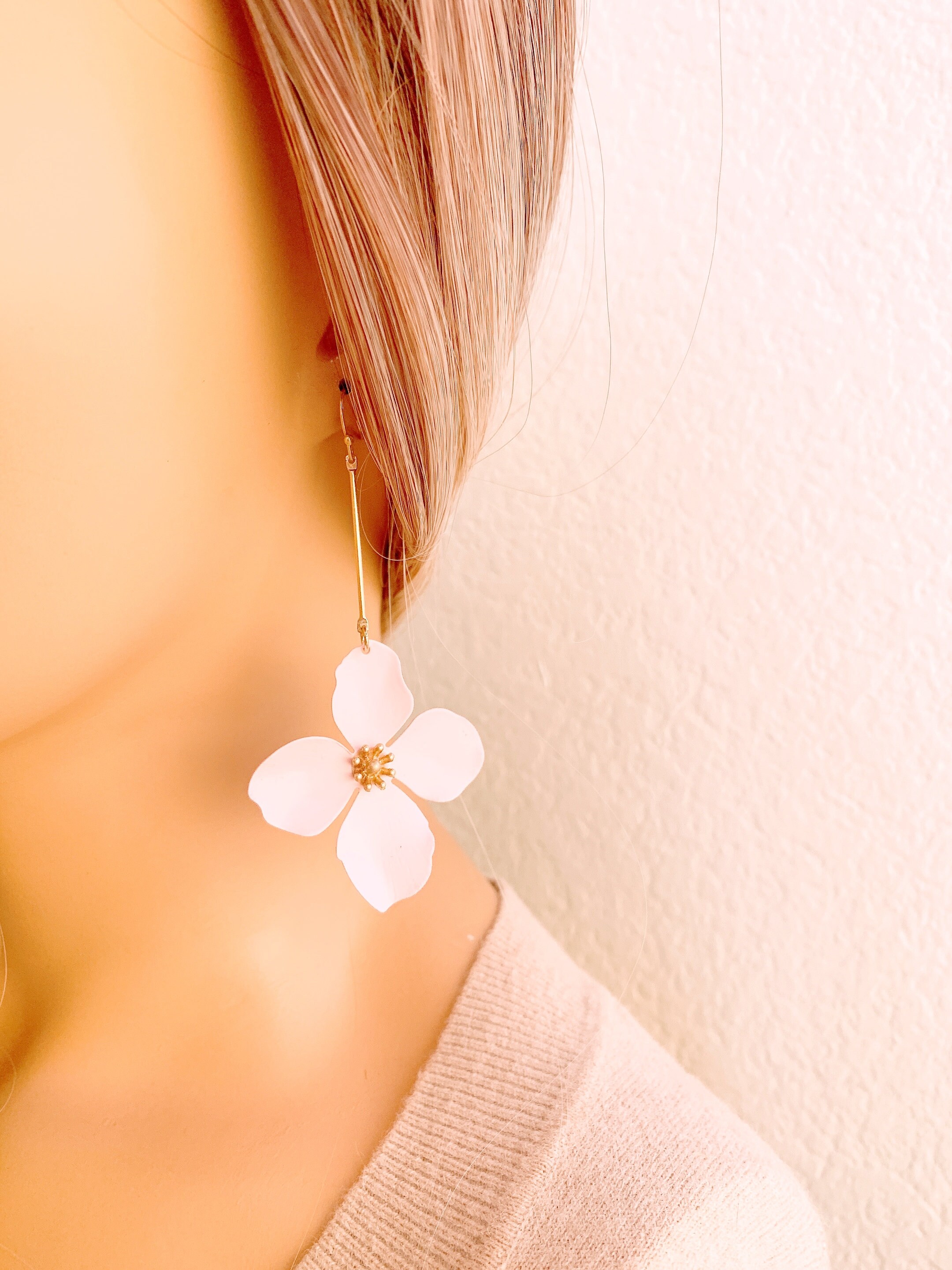 Flower Earrings Pink Flower Long Earrings Spring Earrings Etsy