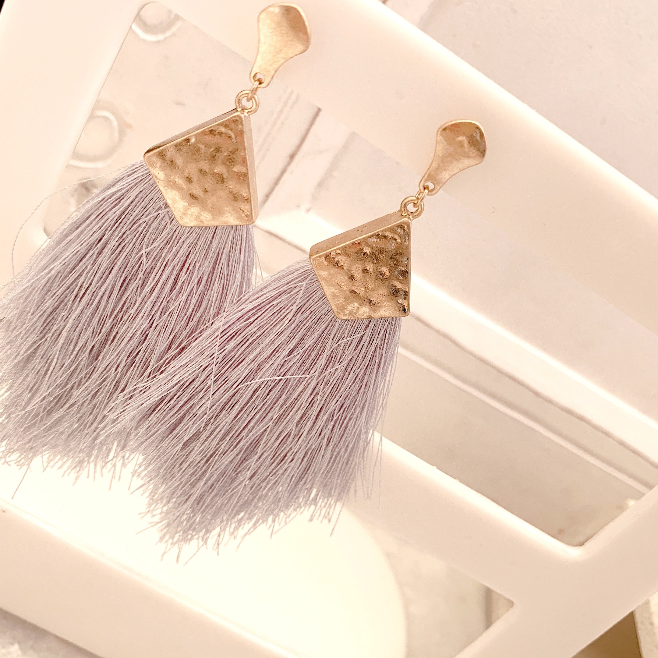 Light Gray Tassel Earrings Light Mint Tassel Stud Earrings Etsy