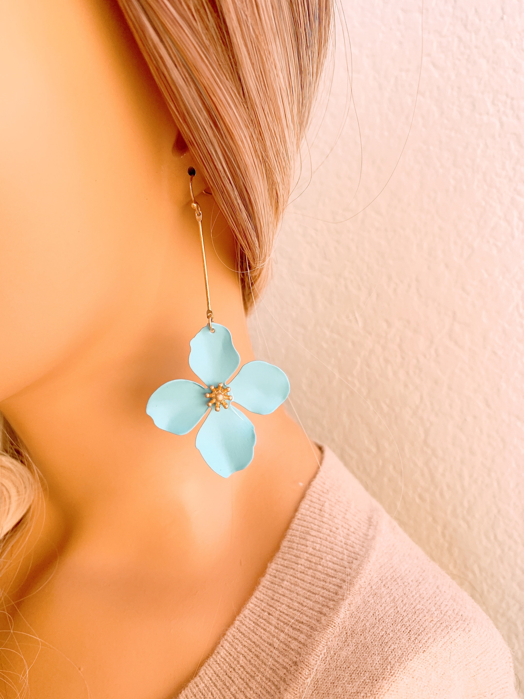 Flower Earrings Pink Flower Long Earrings Spring Earrings Etsy