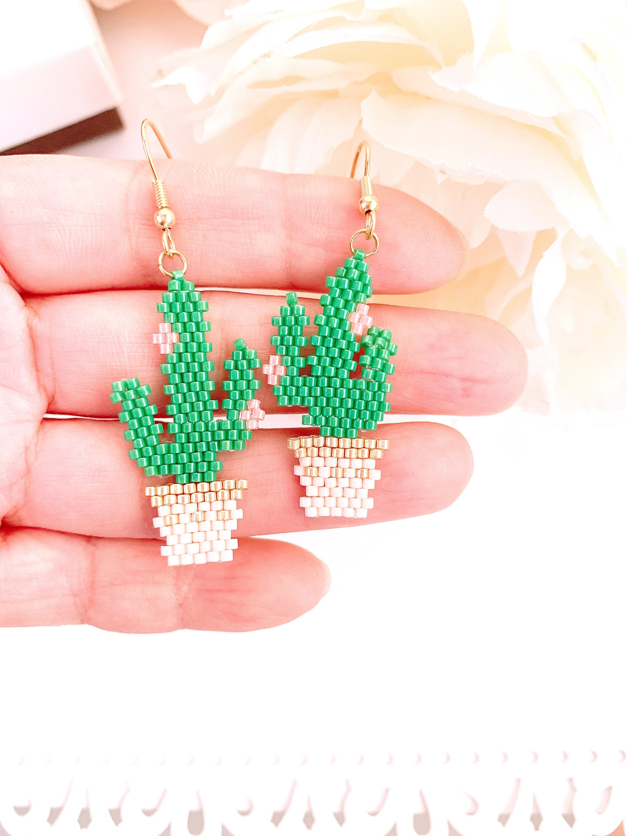 Cactus Earrings Cactus Seed Beads Earrings Seed Beaded Gold