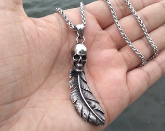 Stainless Steel Skull Feather Necklace