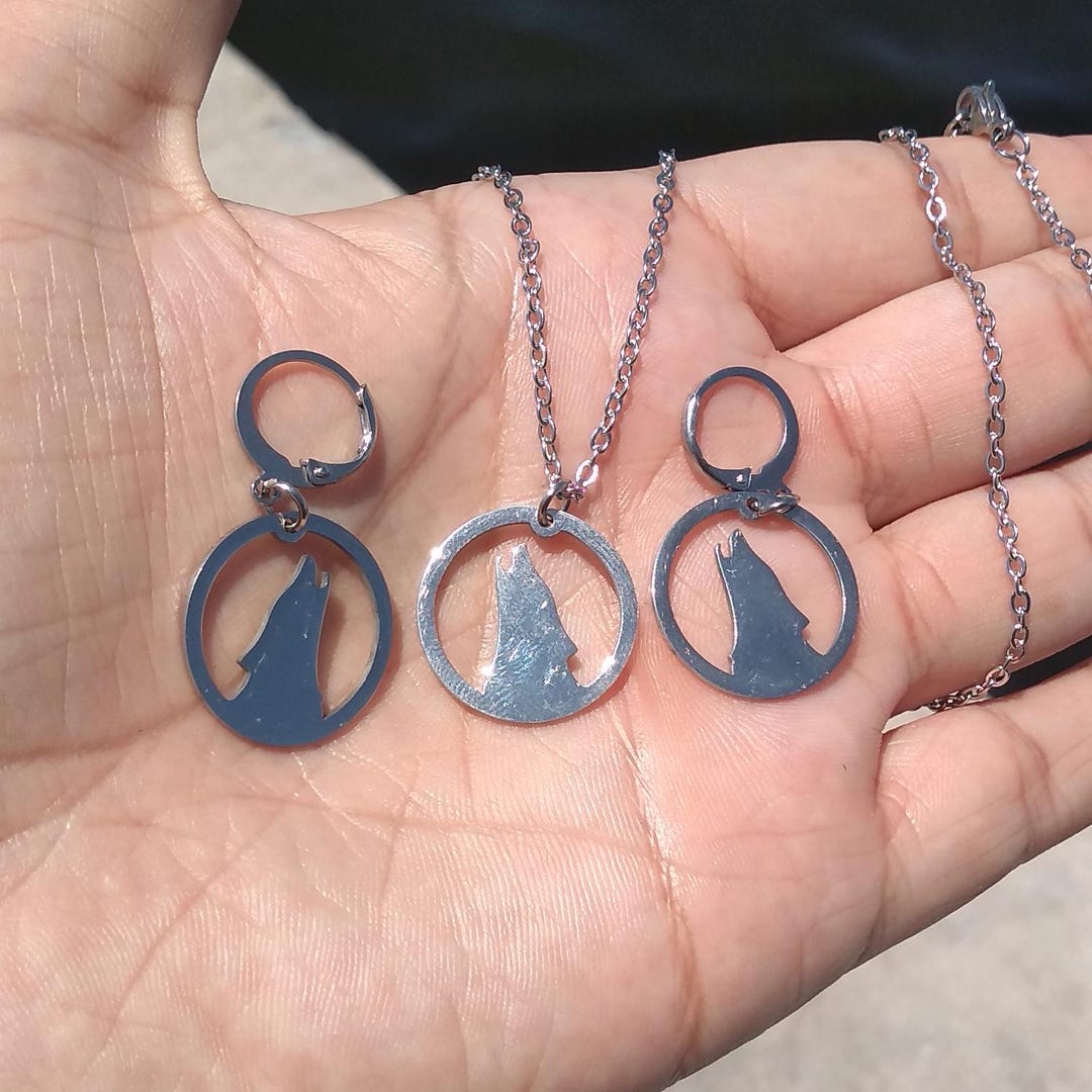 Stainless Steel Howling Wolf Necklace and Earrings Set - Etsy