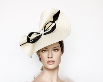 Ivory Kentucky Derby Hat: Straw Ascot Fascinator with Black Feather