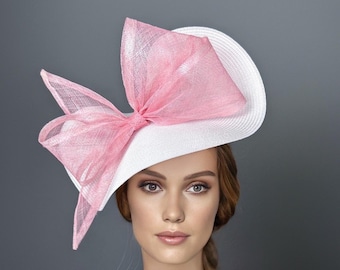 Pink & White Kentucky Derby Fascinator: Ascot Races Sinamay Bow Hat