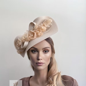 Floral Champagne Ascot Hat: Beige Kentucky Derby Straw Fascinator
