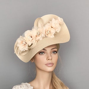 Kentucky derby hat, beige derby hat, floral champagne ascot hat for woman, straw fascinator, wedding hat, cream ascot hat, mother of bride