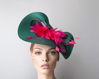 Green and fuchsia kentucky derby hat, feathers wedding hat, hot pink derby hat, royal ascot fascinate hat, mother of the bride, luncheon hat