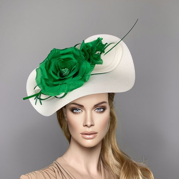 green floral kentucky derby hat, royal ascot hatinator,Ivory and green derby hat, green races fascinator hat, luncheon hat, high tea party