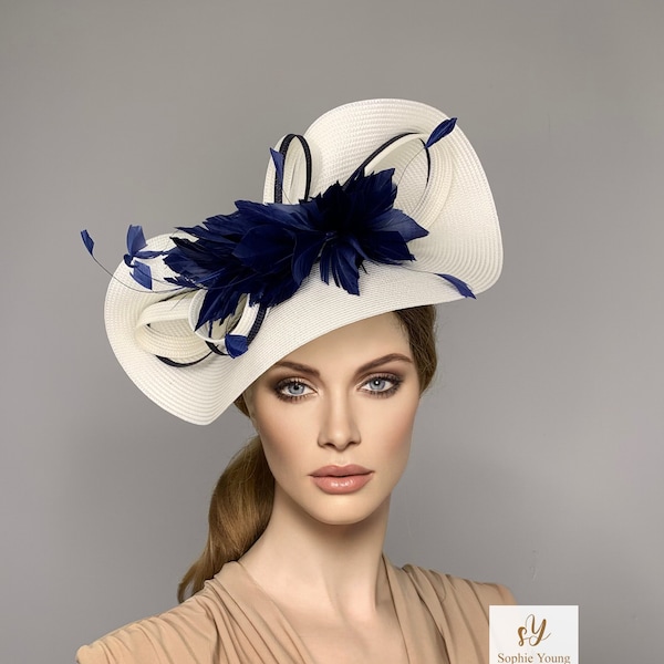 NAVY BLUE kentucky derby hat, navy racing hatinator, Ivory feathers fascinator, navy wedding hat royal ascot blue tea party luncheon hat