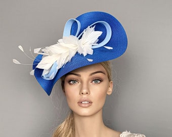 Sapphire blue and Ivory feather fascinator, royal blue ascot hat, blue kentucky derby hat, wedding hat, ascot fascinator, mother of bride