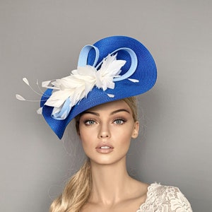 Sapphire blue and Ivory feather fascinator, royal blue ascot hat, blue kentucky derby hat, wedding hat, ascot fascinator, mother of bride