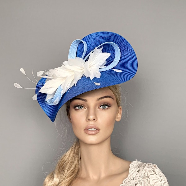 Bibi plumes bleu saphir et ivoire, chapeau lavallière bleu royal, chapeau derby bleu kentucky, chapeau de mariage, bibi lavallière, mère de la mariée