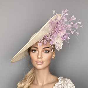 Kentucky derby hat, light purble derby hat, ivory royal ascot hat for woman, straw fascinator, wedding hat, lilac ascot hat, mother of bride