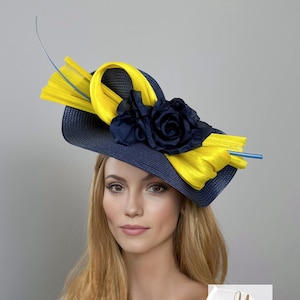 Blue & Yellow Kentucky Derby Fascinator: Ascot Hat with Silk Flower