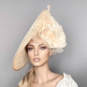 Kentucky derby hat, Gold derby hat, floral beige ascot hat for woman, straw fascinator, wedding hat, beige ascot hat, mother of bride hat