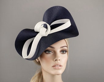 Navy and white derby fascinator, Navy ascot hat, white kentucky derby hat, Blue wedding hat, ascot fascinator hat, womens races hats, bow