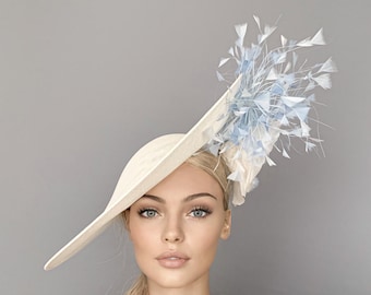 Sombrero derby de Kentucky, sombrero derby azul pálido, sombrero de ascot real marfil para mujer, fascinador de paja, sombrero de boda, sombrero de ascot azul, madre de la novia