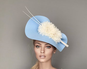 kentucky derby hat, blue and Ivory saucer hat, light blue ascot fascinator, millinery hat, Belmont or Preak Hat, wedding fascinator, shower