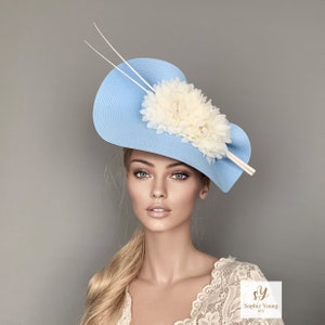 kentucky derby hat, blue and Ivory saucer hat, light blue ascot fascinator, millinery hat, Belmont or Preak Hat, wedding fascinator, shower
