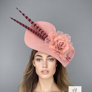 Dusty Pink Ascot Hat: Feather Kentucky Derby Fascinator