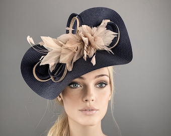 Camel and Navy kentucky derby hat, Beige royal ascot hat, navy hat for weddings, Beige feathers derby hat, Navy wedding hat, luncheon hat
